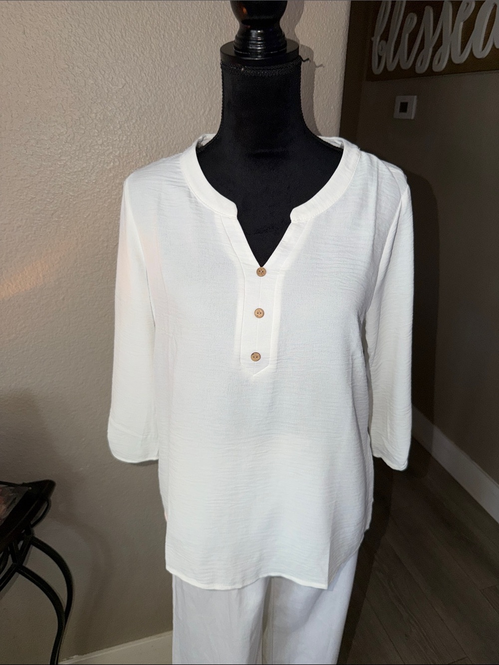 NAIF Cream Henley Tunic with Wooden Buttons